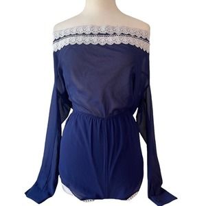 Navy Blue Sexy Shorts Romper Size M White Lace Trim, Blue Banjul Romper